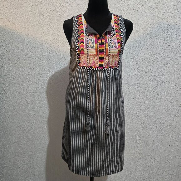 Entro Womens Sleeveless Striped Embroidered Tunic Dress S 100% Cotton Multicolor - Picture 3 of 7